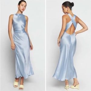 Reformation Casette dress horizon baby blue silk gown open back size 6
